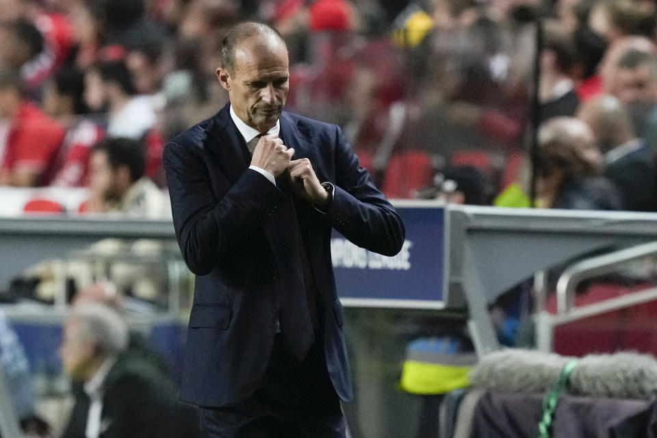 FILE - Juventus' head coach Massimiliano Allegri reacts during the Champions League group H soccer match between SL Benfica and Juventus at the Luz stadium in Lisbon, Tuesday, Oct. 25, 2022. Juventus was hit with a massive 15-point penalty for false accounting Friday, Jan. 20, 2023 following an appeal hearing at the Italian soccer federation. (AP Photo/Armando Franca, File)