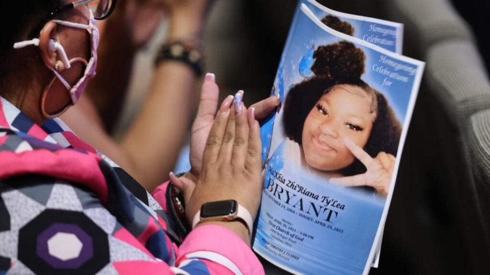 A mourner holds a funeral program during last month’s services for 16-year-old Ma’Khia Bryant at First Church of God in Columbus, Ohio. Bryant was shot and killed April 20 by a Columbus police officer answering a call for a domestic dispute. (Photo by Scott Olson/Getty Images)