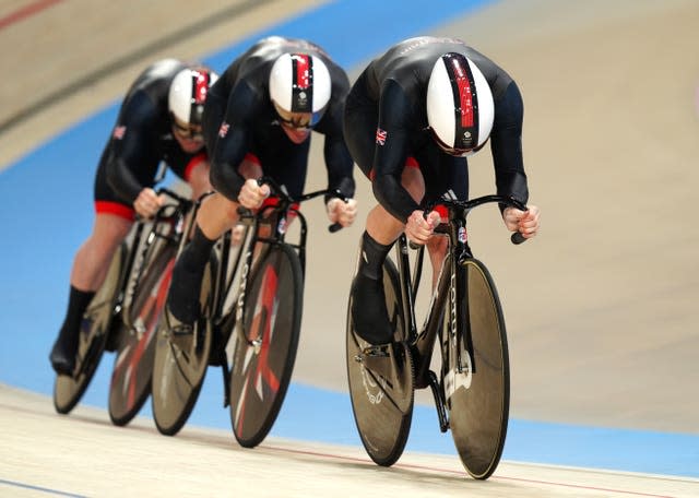 Great Britain's team in the men's team sprint in action at the Paris velodrome. 