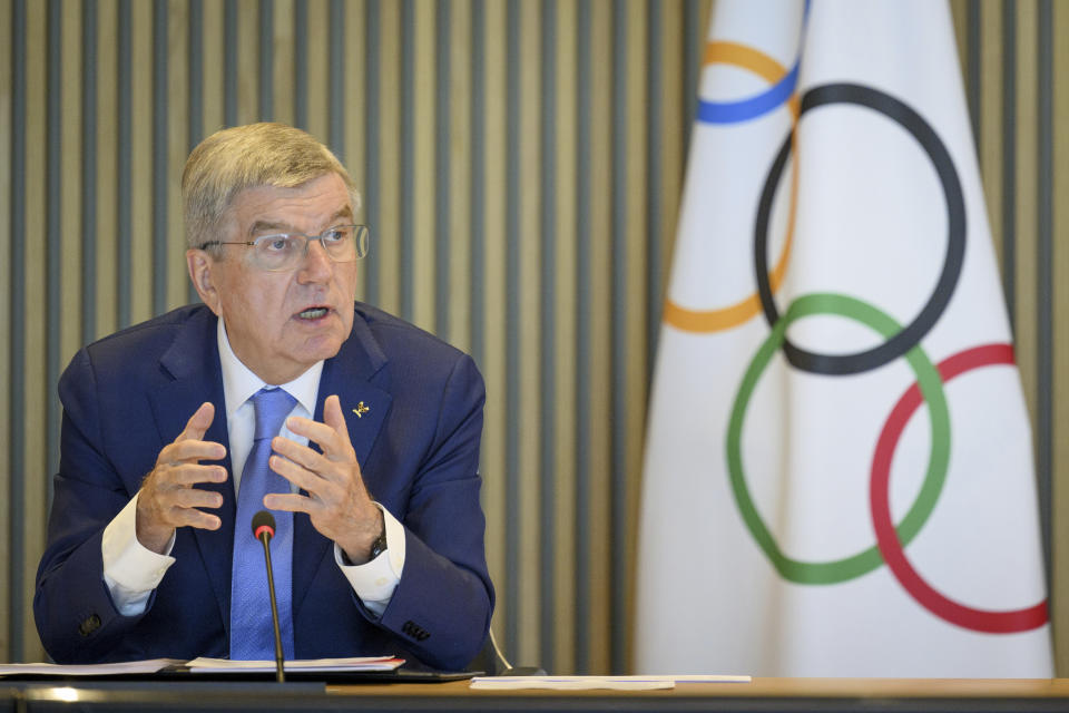 International Olympic Committee (IOC) President Thomas Bach speaks at the opening of the executive board meeting of the International Olympic Committee (IOC) in Lausanne, Switzerland, Tuesday, March 28, 2023. The IOC Executive Board is set to discuss the results of consultations regarding the status of athletes from Russia and Belarus in its meeting set to run until March 30. (Laurent Gillieron/Keystone via AP)