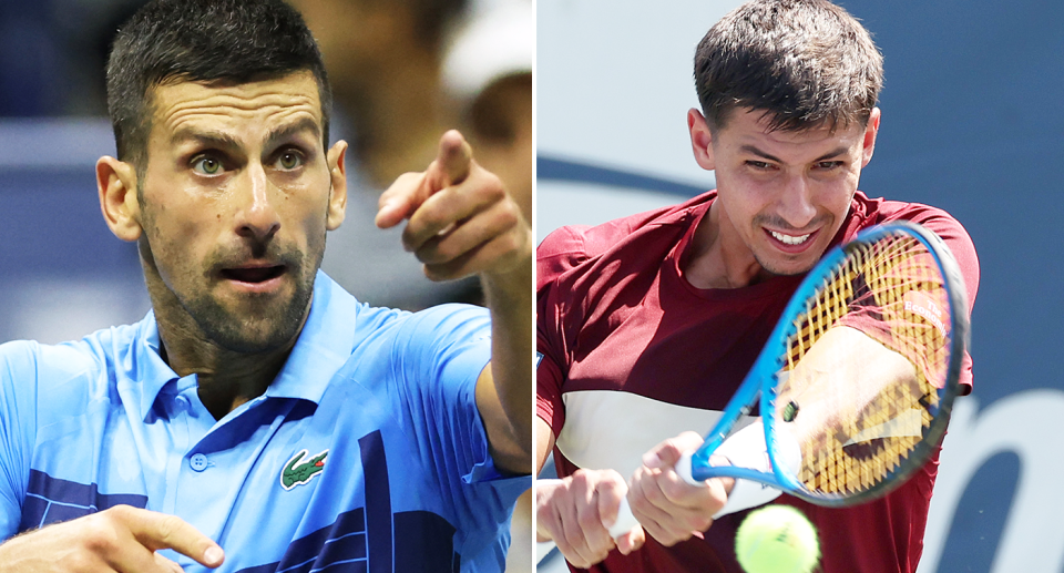 Pictured right to left, Aussie tennis star Alexei Popyrin and Novak Djokovic at the US Open.