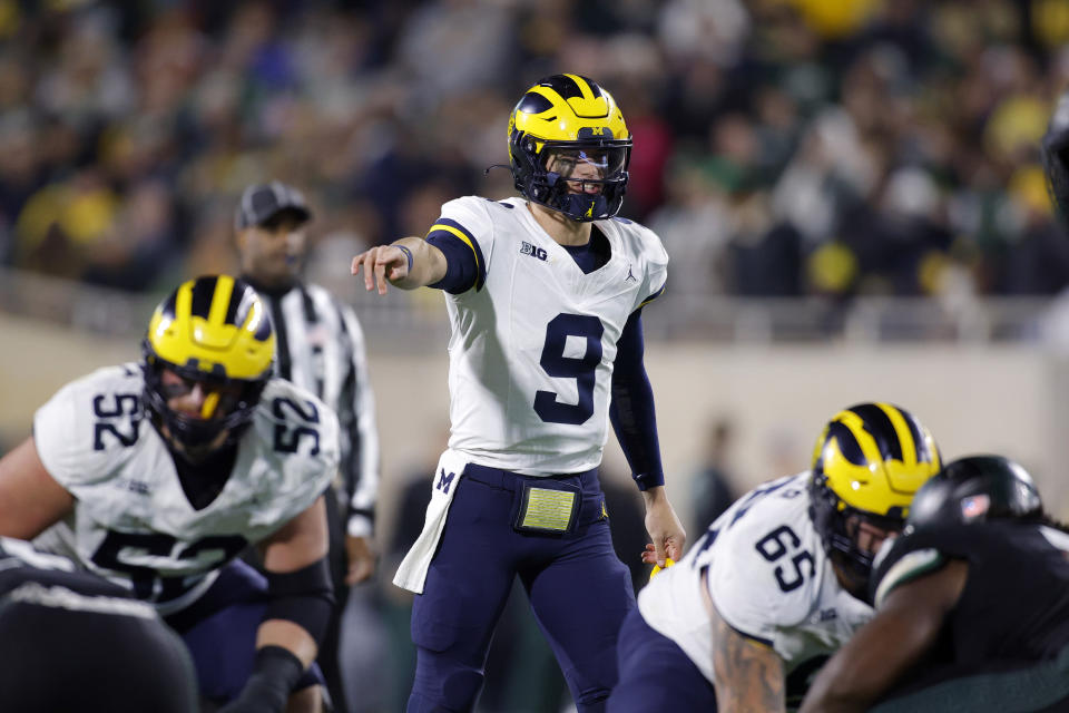 Michigan quarterback J.J. McCarthy (9) has been excellent this season, but the competition level is about to ramp up, starting with this weekend against No. 10 Penn State. (AP Photo/Al Goldis)