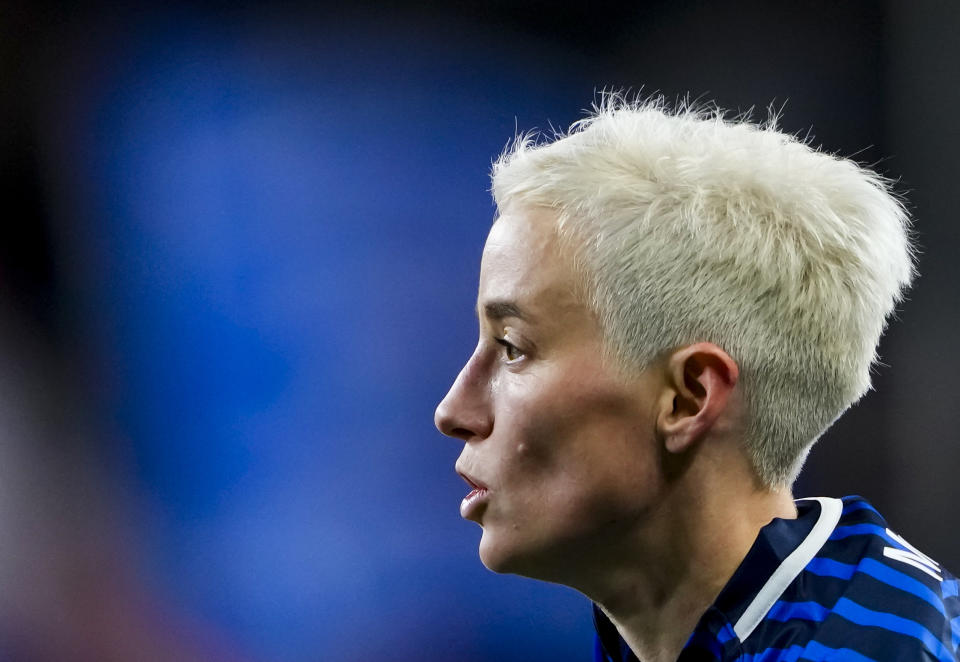 OL Reign forward Megan Rapinoe looks on during the first half of an NWSL quarterfinal playoff soccer match against Angel City FC, Friday, Oct. 20, 2023, in Seattle. The Reign won 1-0. (AP Photo/Lindsey Wasson)