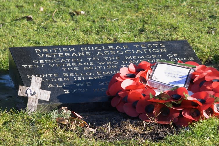 <span class="caption">A memorial for deceased veterans of British nuclear tests.</span> <span class="attribution"><a class="link " href="https://commons.wikimedia.org/wiki/File%3ABritish_Nuclear_Tests_Veterans_Association_memorial.jpg" rel="nofollow noopener" target="_blank" data-ylk="slk:NotFromUtrecht/Wikimedia Commons;elm:context_link;itc:0;sec:content-canvas">NotFromUtrecht/Wikimedia Commons</a>, <a class="link " href="http://creativecommons.org/licenses/by-sa/4.0/" rel="nofollow noopener" target="_blank" data-ylk="slk:CC BY-SA;elm:context_link;itc:0;sec:content-canvas">CC BY-SA</a></span>