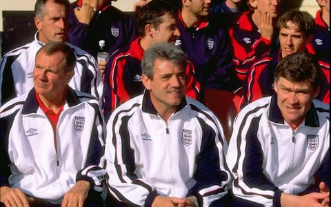 Arthur Cox, Kevin Keegan and Derek Fazackerley on the England bench against Poland in the European Championship qualifier at Wembley  - Credit: Mark Thompson/Getty Images Europe