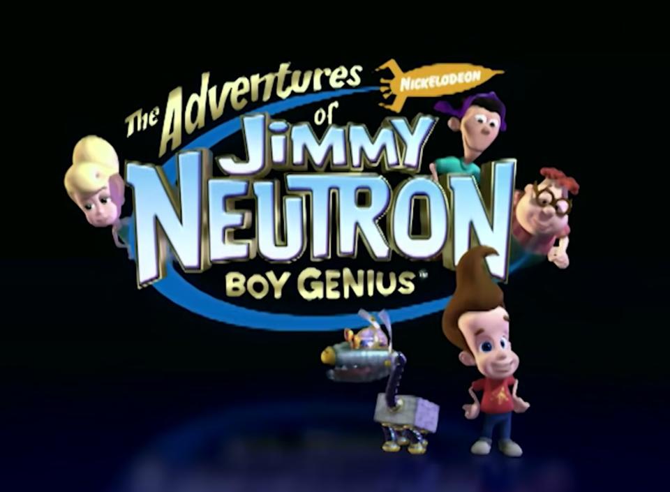 The logo of "The Adventures of Jimmy Neutron, Boy Genius" from the show's intro, which shows characters Cindy Vortex, Sheen Estevez, Carl Wheezer, Jimmy Neutron, and Jimmy's pet robot dog, Goddard