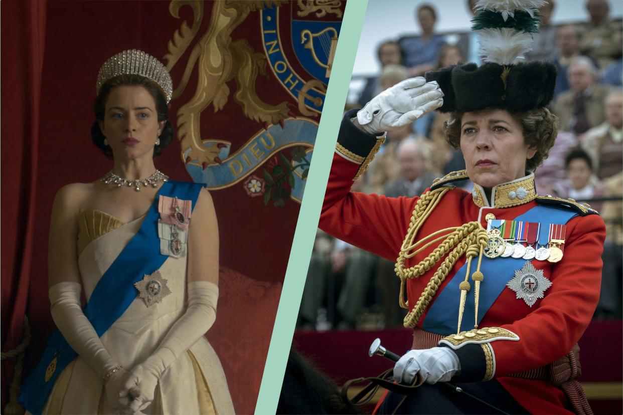  Claire Foy as Queen Elizabeth in The Crown and Olivia Colman as Queen Elizabeth in The Crown on Netflix. 