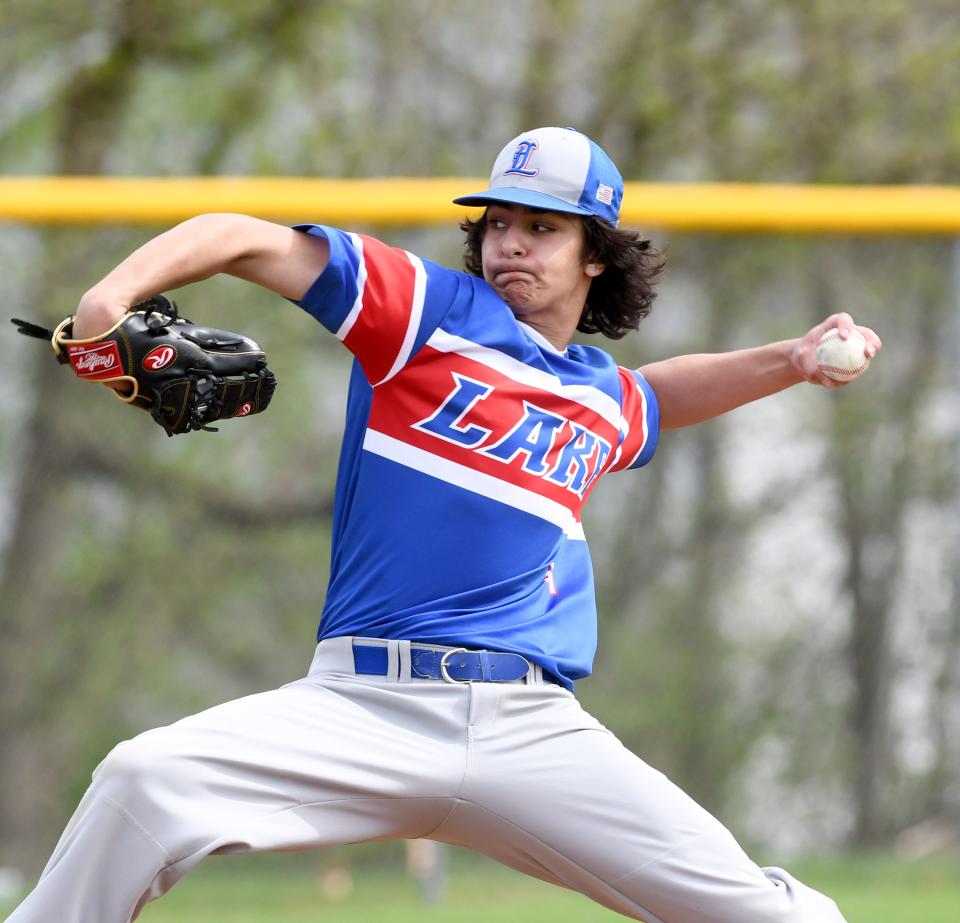 Lake pitcher Hunter Bays throws against Central Catholic.  Saturday, April 10, 2021