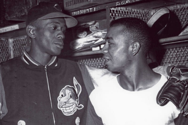 Larry Doby (R) shown with fellow former Negro Leagues star Satchel Paige, was posthumously awarded the Congressional Gold Medal on Wednesday on what would have been his 100th birthday. Doby, who was a World War II veteran and civil rights activist, was the first African American baseball player to play in the American League. Photo courtesy of the Negro Leagues Baseball Museum, Inc.