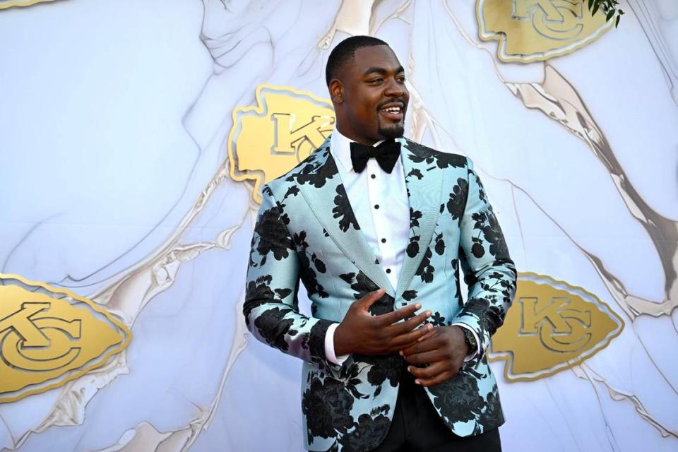 Kansas City Chiefs defensive tackle Chris Jones pauses for photos Thursday, June 13, 2024, during the Kansas City Chiefs Super Bowl LVIII Championship ring ceremony red carpet event at the Nelson-Atkins Museum of Art.