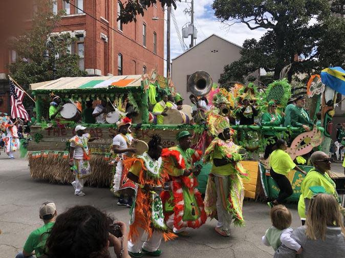 Barabbas and the Junkanoo Tribe perform during the 2019 Savannah St. Patrick’s Day Parade. For more than 15 years Jack Flanigan, owner of The Original Crab Shack on Tybee Island has hosted Junkanoo Tribe and Flanigan said the group will perform in Tybee Island’s parade on Saturday as well as at the Crab Shack over the next several days. [Savannah Morning News]