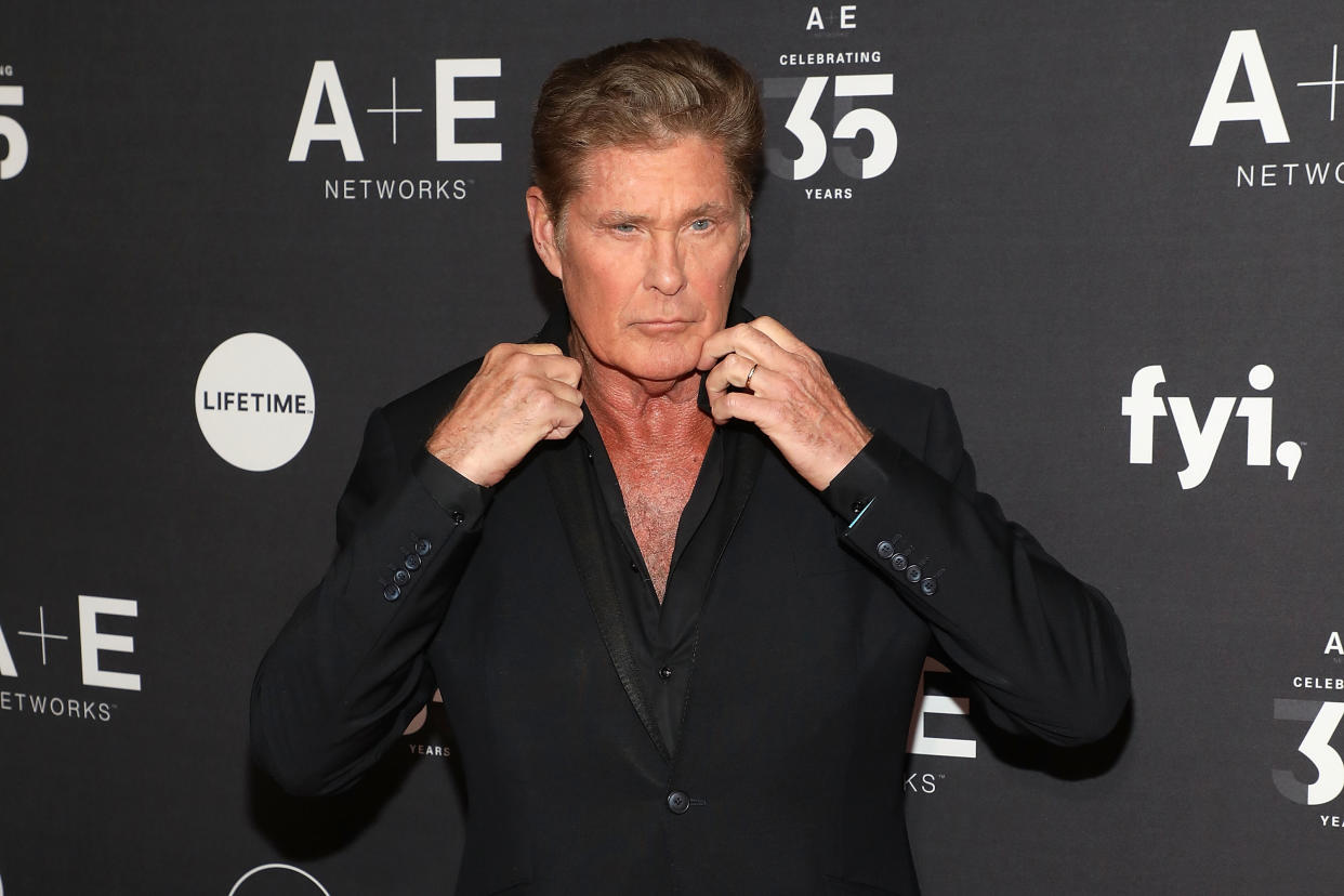 A photo of David Hasselhoff wearing a black jacket at the 2019 A+E Upfront at Jazz at Lincoln Center on March 27, 2019 in New York City.