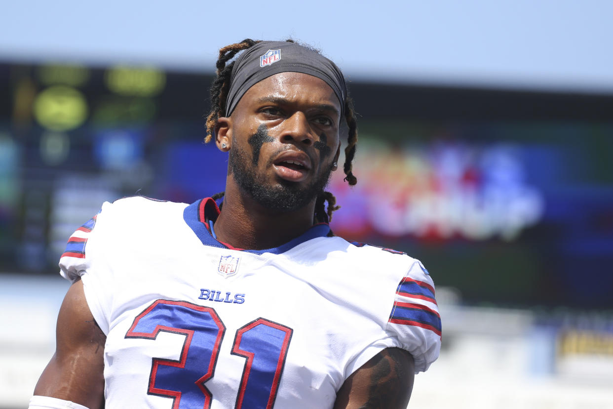 Buffalo Bills safety Damar Hamlin prior to the start of the first half of a preseason NFL football game, Saturday, Aug. 28, 2021, in Orchard Park, N.Y. (AP Photo/Joshua Bessex)