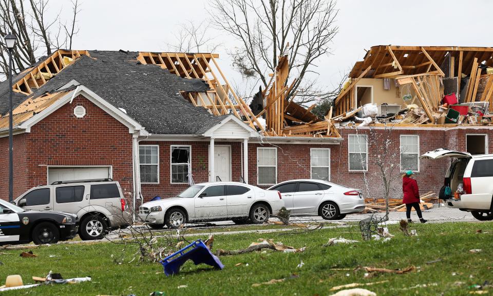 Several residences where damaged along along Creekwood Ave. in Bowling Green, Ky. on Dec. 11, 2021.  A tornado cut a path through several states, including Kentucky, which resulted in fatalaties.