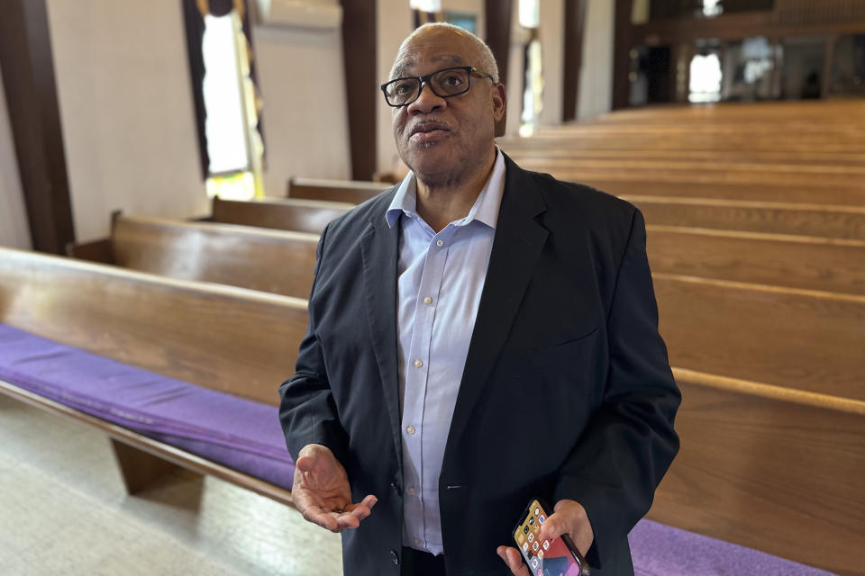 Bishop Hurley Coleman Jr. stands in his church on Tuesday, March 12, 2024, in Saginaw, Mich. President Joe Biden is expected to make a campaign visit to Saginaw on Thursday, and Coleman says "if there is a place in America that he can tell his story to a people that need to hear it, Saginaw is that typical place." (AP Photo/Mike Householder)