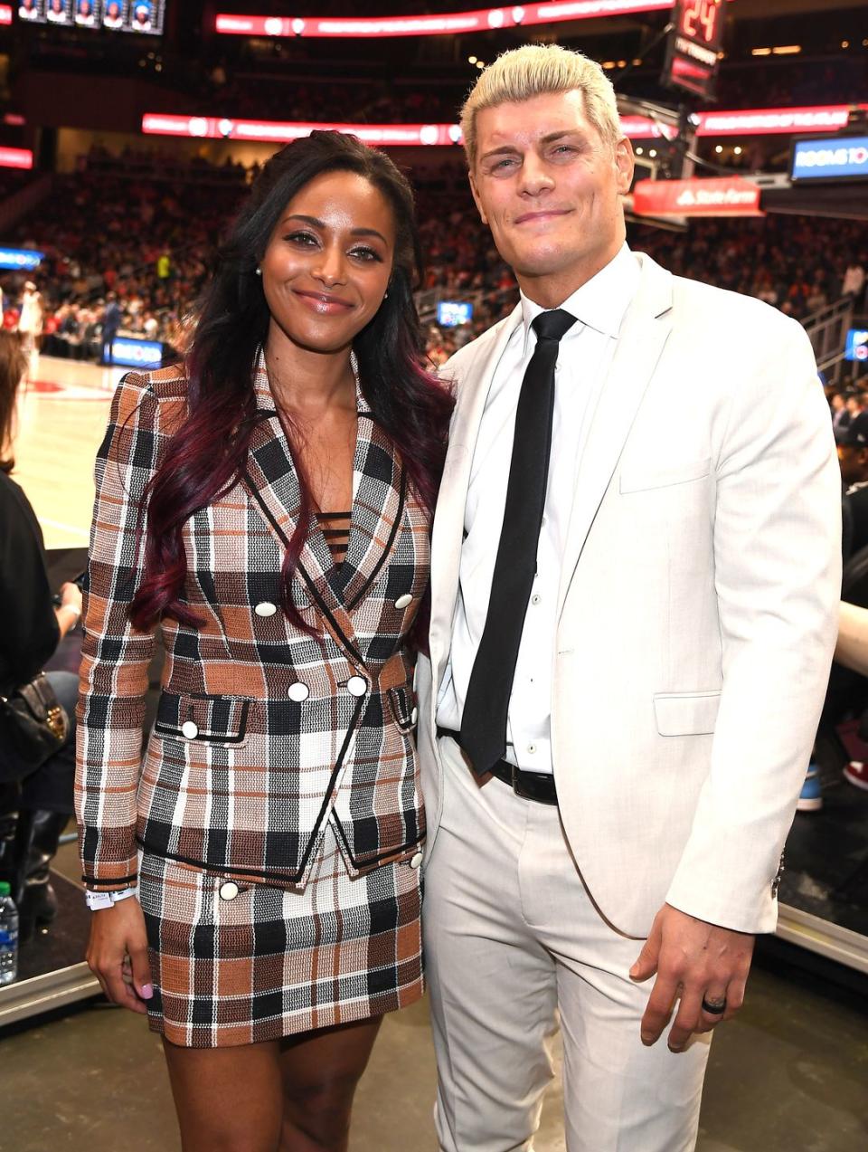 atlanta, georgia february 09 brandi rhodes and cody rhodes attend new york knicks vs atlanta hawks game at state farm arena on february 09, 2020 in atlanta, georgia photo by paras griffinsportgetty images