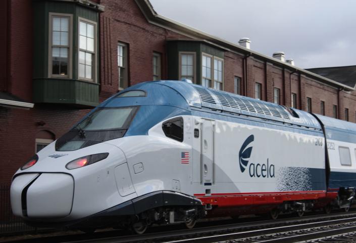 The real-life Acela high-speed train produced by Alstom departs Hornell, bound for delivery to Amtrak. Bachmann Industries is the official Amtrak licensee of the Acela express model train set.