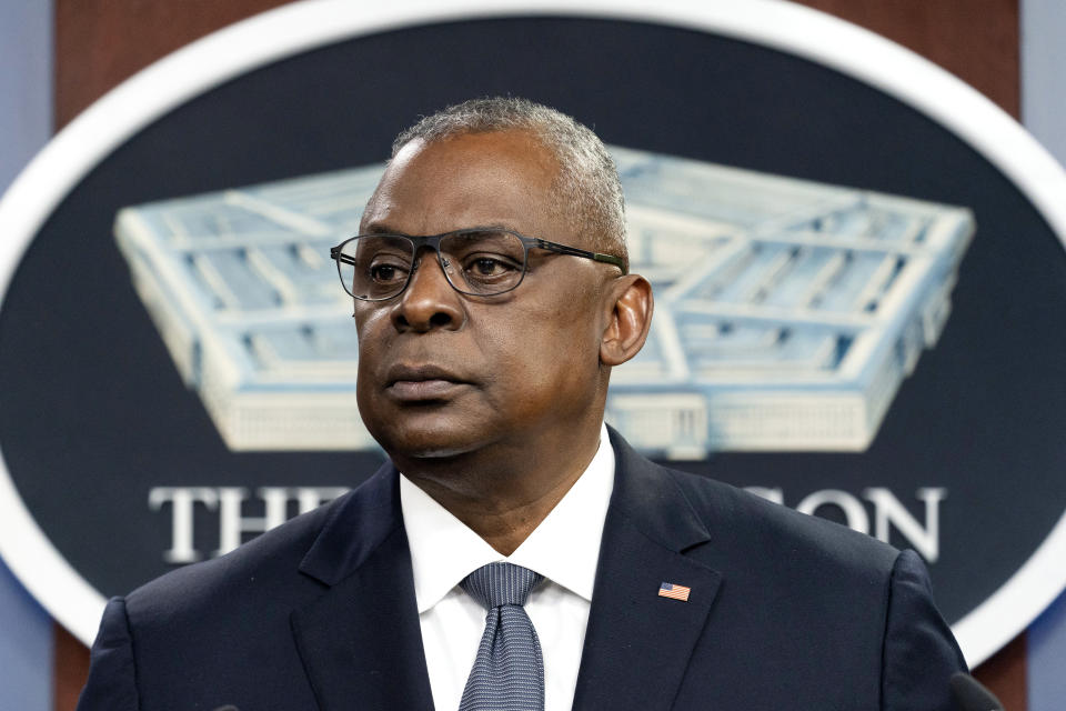 FILE - Secretary of Defense Lloyd Austin pauses while speaking during a media briefing at the Pentagon on Nov. 17, 2021, in Washington. (AP Photo/Alex Brandon, File)