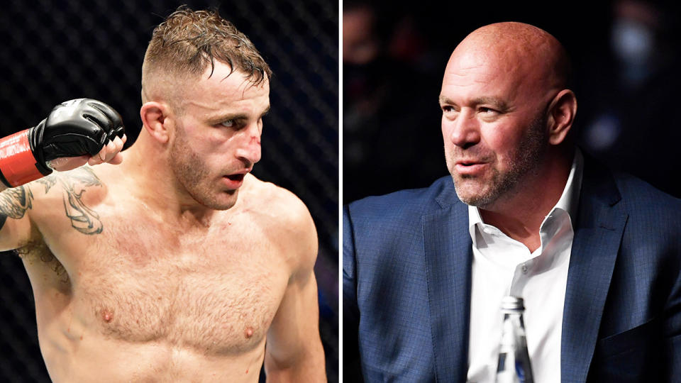 Alexander Volkanovski (pictured left) cheers after his UFC fight against Max Holloway and Dana White (pictured right) looking impressed.