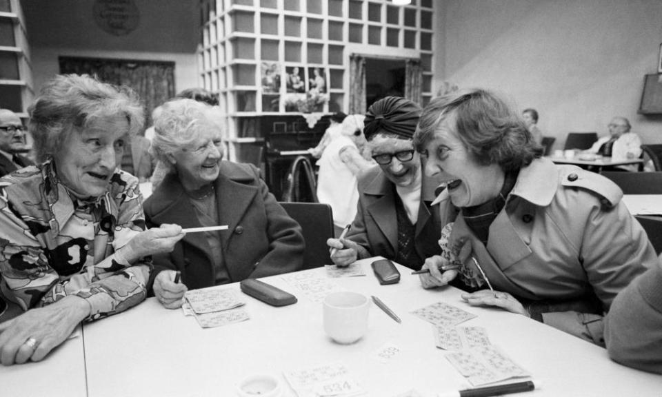 Shirley Williams, right, joining a bingo session at the pensioners’ club in Crosby, Merseyside, 1981.