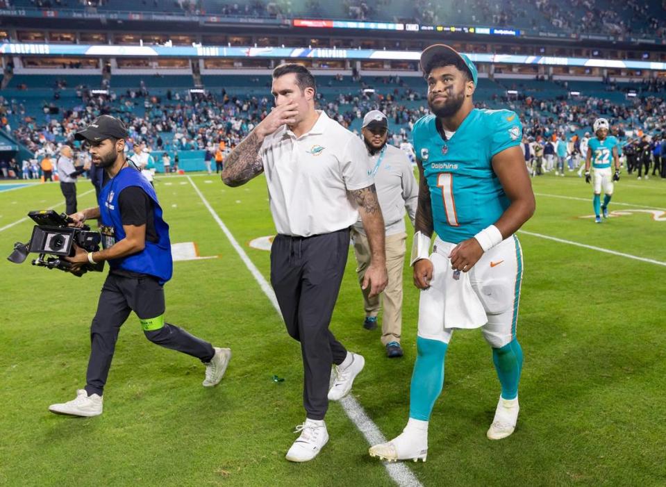 Miami Dolphins quarterback Tua Tagovailoa (1) leaves the field after losing his NFL game against the Tennessee Titans at Hard Rock Stadium on Monday, Dec. 11, 2023, in Miami Gardens, Fla.