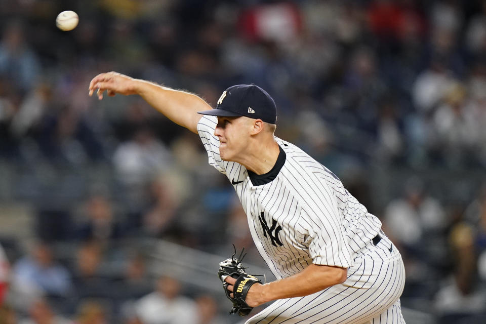 New York Yankees' Jameson Taillon pitches during the first inning of a baseball game against the Boston Red Sox Thursday, Sept. 22, 2022, in New York. (AP Photo/Frank Franklin II)