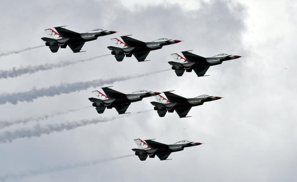 The U.S. Air Force Thunderbirds perform at the 2021 Cocoa Beach Air Show.