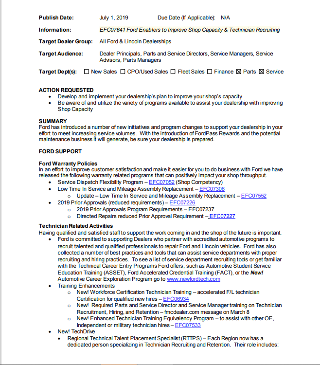 A July 1, 2019, memo from Ford to its dealers introduced "new initiatives and program changes" to meet service volumes. The letter mentions NHTSA completion requirements, and noted that Takata air bag recall repairs would continue to "maintain a large presence in dealership service departments."