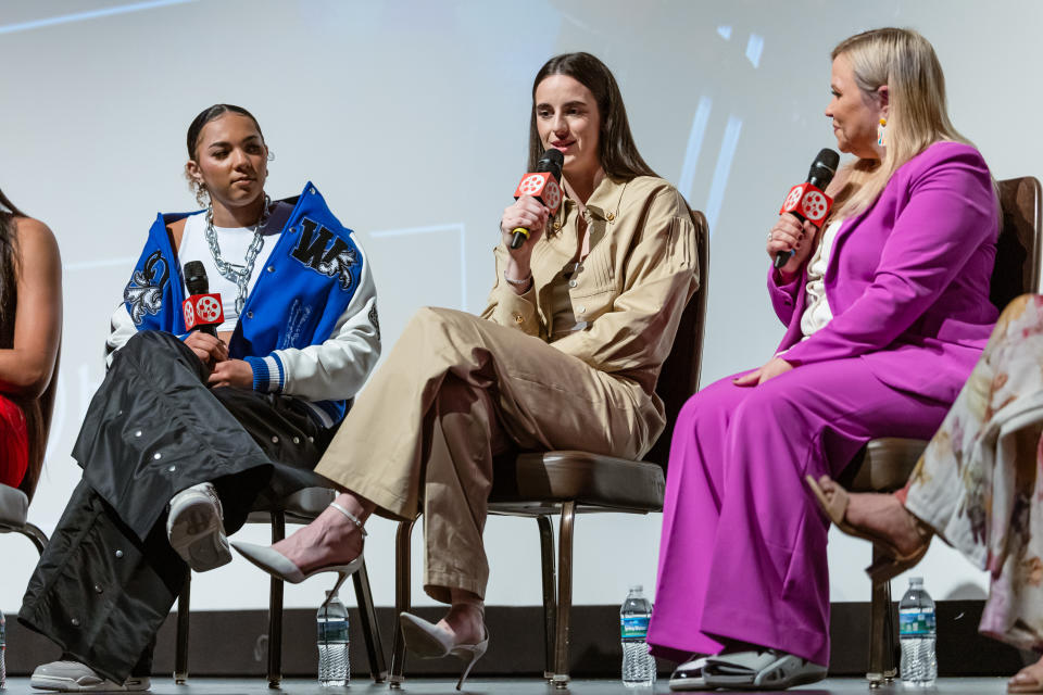 INDIANAPOLIS, INDIANA - MAY 6:  Caitlin Clark speaks during the ESPN+ Full Court Press premiere at The Tobias Theater at Newfields on May 6, 2024 in Indianapolis, Indiana. (Photo by Michael Hickey/Getty Images)