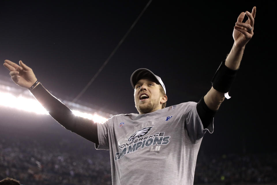 Nick Foles celebrates after the Eagles won the NFC championship. (AP)