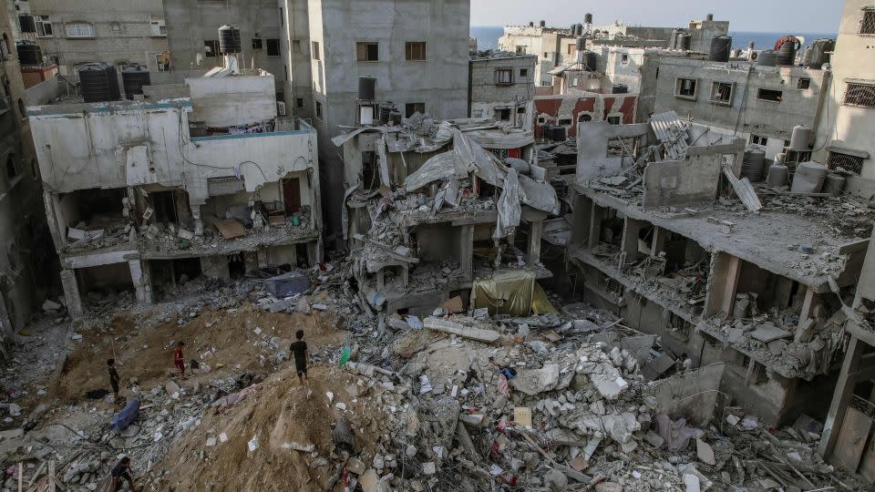 A view of the rubble and ruins of buildings that were demolished in Israeli airstrikes in Gaza on October 25, 2023. - Youssef Alzanoun/Middle East Images/AFP/Getty Images