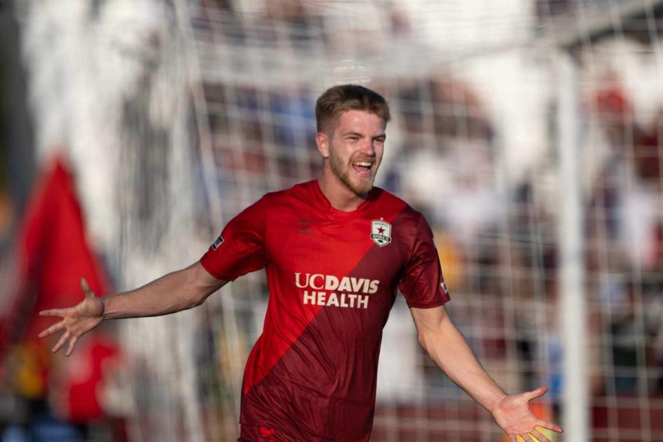 Republic FC forward Kieran Phillips celebrates after scoring in the first half against the San Jose Earthquakes in a U.S. Open Cup game Tuesday, May 21, 2024, at Heart Health Park in Sacramento.