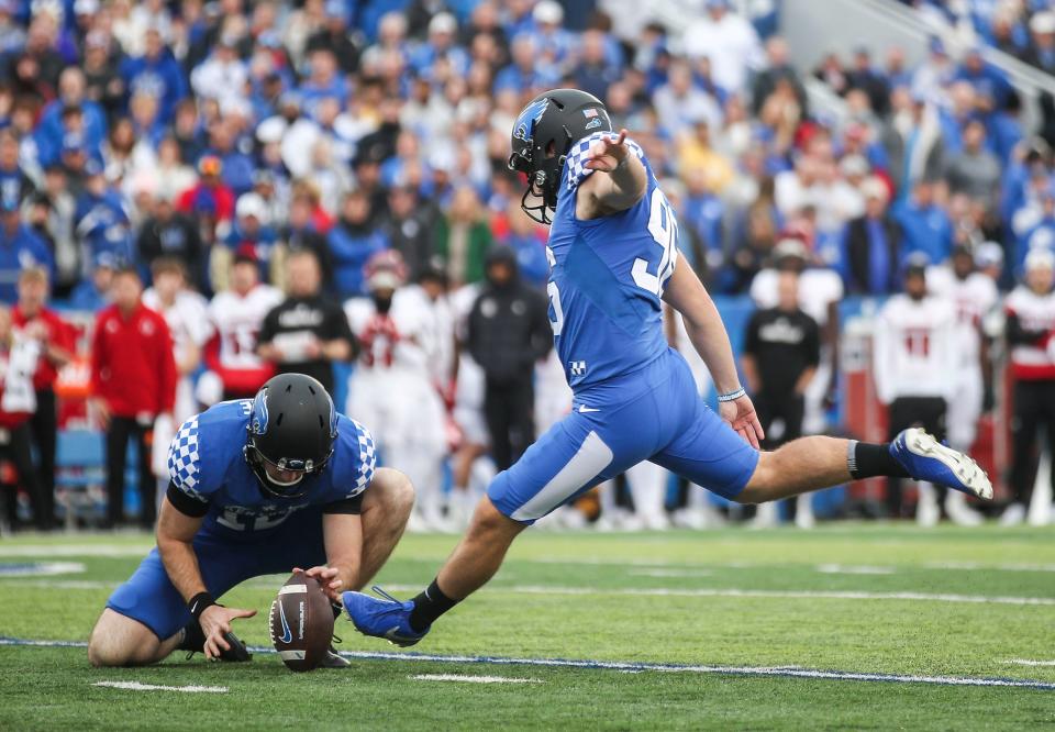 Kentucky place kicker Matt Ruffolo (96) was named MVP of the 2022 Governor's Cup game. Ruffolo won a media vote Saturday on the strength of a perfect night — 4 for 4 field goals, 2 for 2 extra points — to become the first kicker to win the 12-game history of the award.  Nov. 26, 2022