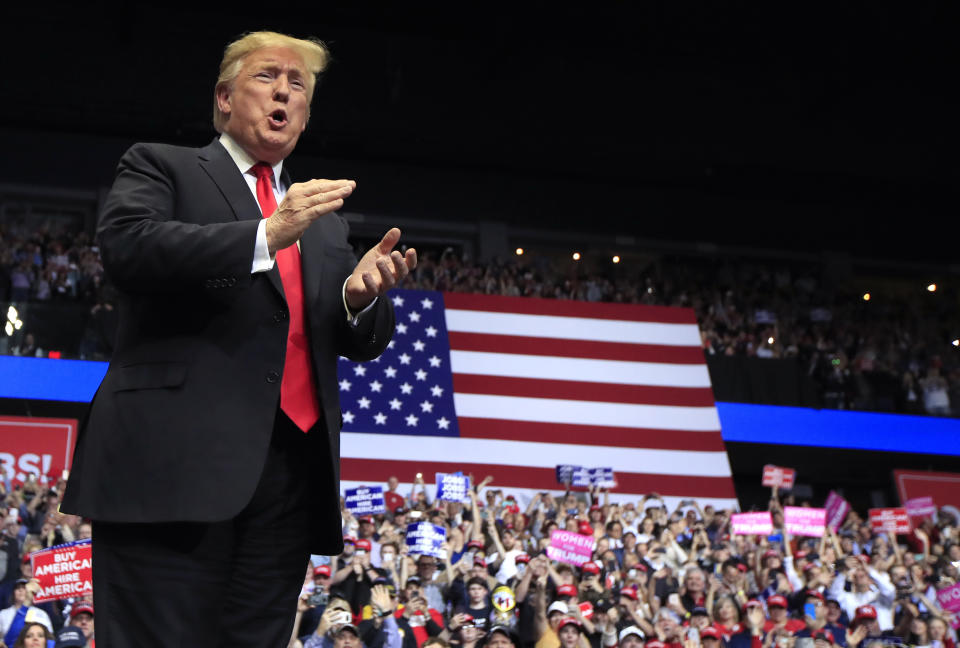 President Donald Trump arrives to speak at a rally in Grand Rapids, Mich., Thursday, March 28, 2019. (AP Photo/Manuel Balce Ceneta)