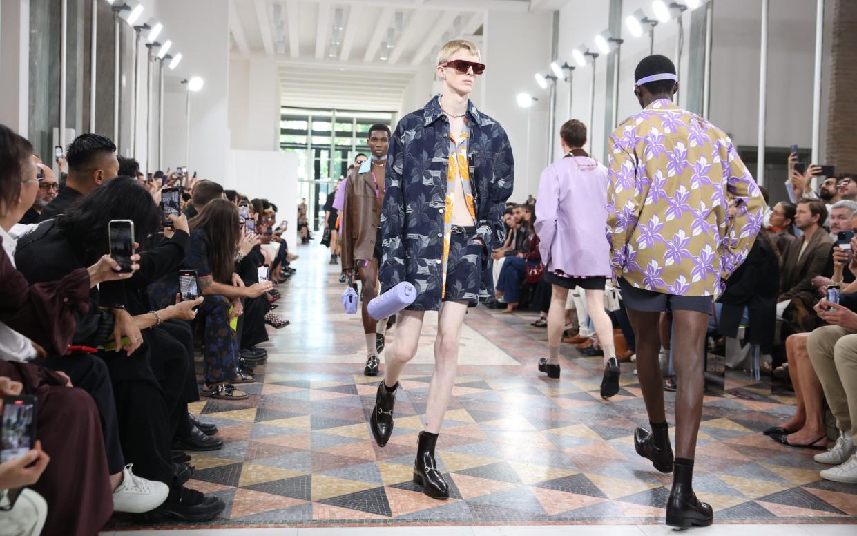 Model on the runway at the Gucci fashion show during Milan Fashion Week