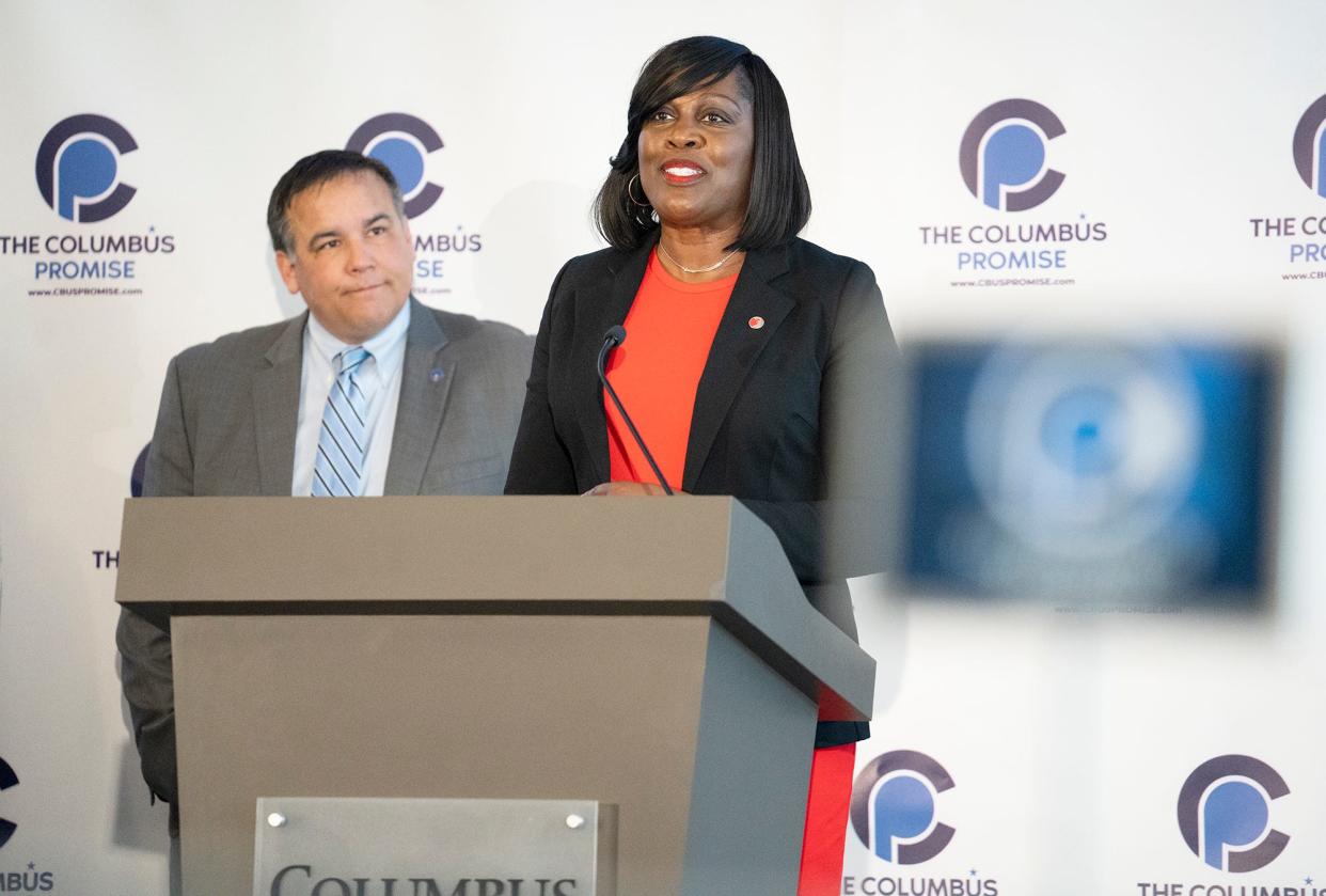 Columbus City Schools Superintendent Talisa Dixon announced Thursday that she is retiring at the end of the academic year. In this May file photo, Dixon gives an update on the Columbus Promise, a partnership between the district, the city of Columbus and Columbus State Community College that provides a means for the next three Columbus City Schools senior classes beginning with the Class of 2023 to go to Columbus State for free. Columbus Mayor Andrew Ginther looks on.
