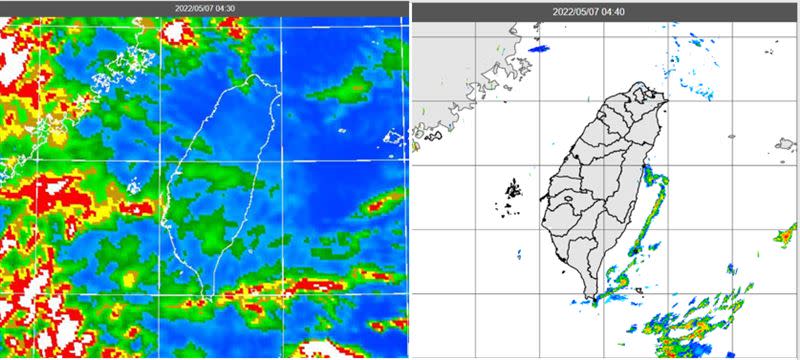 今晨4:30紅外線色調強化雲圖顯示，台灣西側有鬆散中高雲移入（左圖）；4:40雷達回波合成圖顯示，東側海面上有零星的降水回波（右圖）。