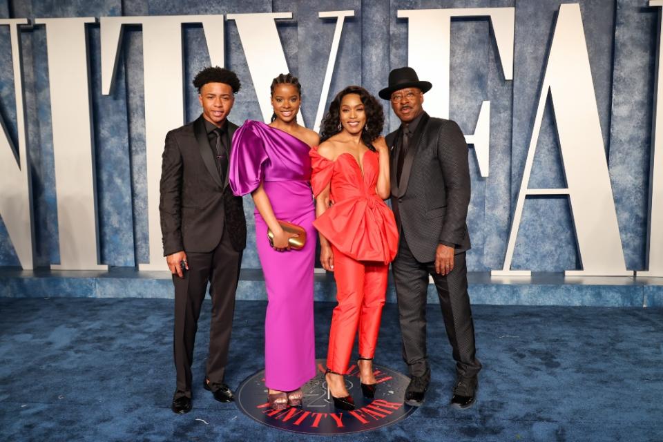 (L-R): Slater Josiah Vance, Bronwyn Golden Vance, Angela Bassett and Courtney B. Vance attend the 2023 Vanity Fair Oscars Party at the Wallis Annenberg Center for the Performing Arts in Beverly Hills, Calif., on March 12, 2023. - Credit: Amy Sussman/Getty Images