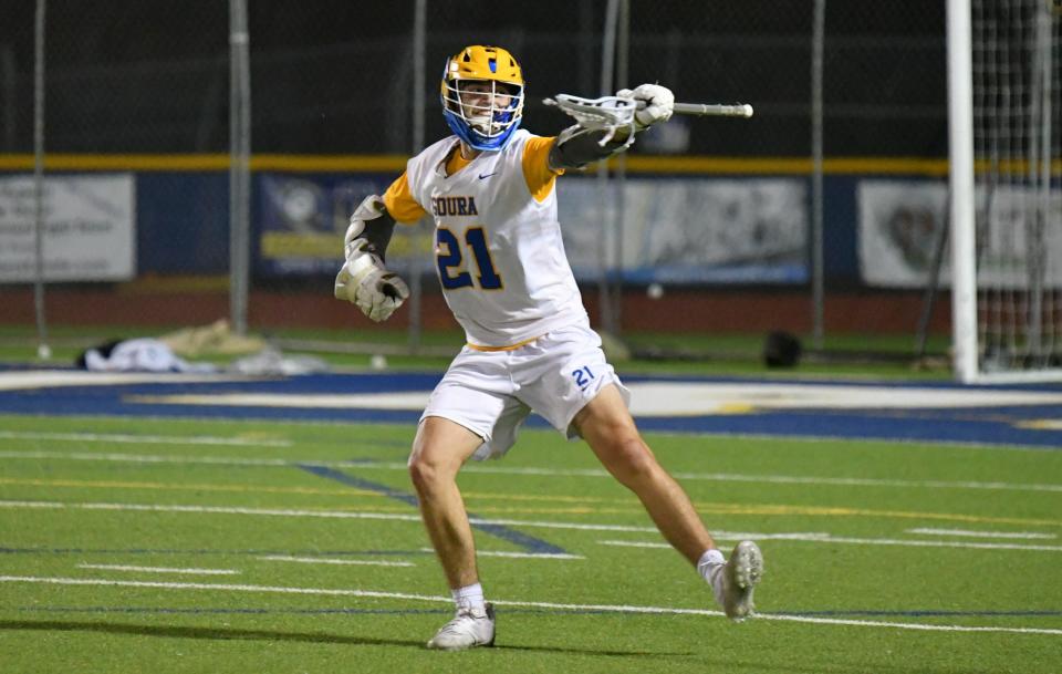 Agoura's Brady Russ celebrates during the Chargers' 11-9 win at home over Sierra Canyon in a CIF-Southern Section Division 2 semifinal game on Tuesday, May 7, 2024. Agoura will play Mira Costa in the championship game on Friday.