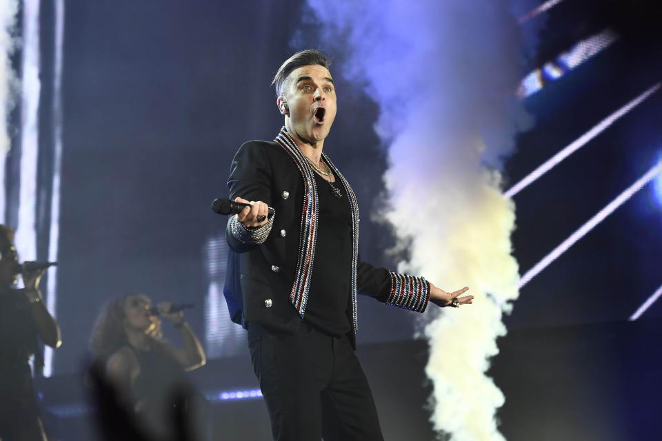 Photo by: KGC-138/STAR MAX/IPx 2019 7/14/19 Robbie Williams performs at British Summer Time 2019, Hyde Park in London.