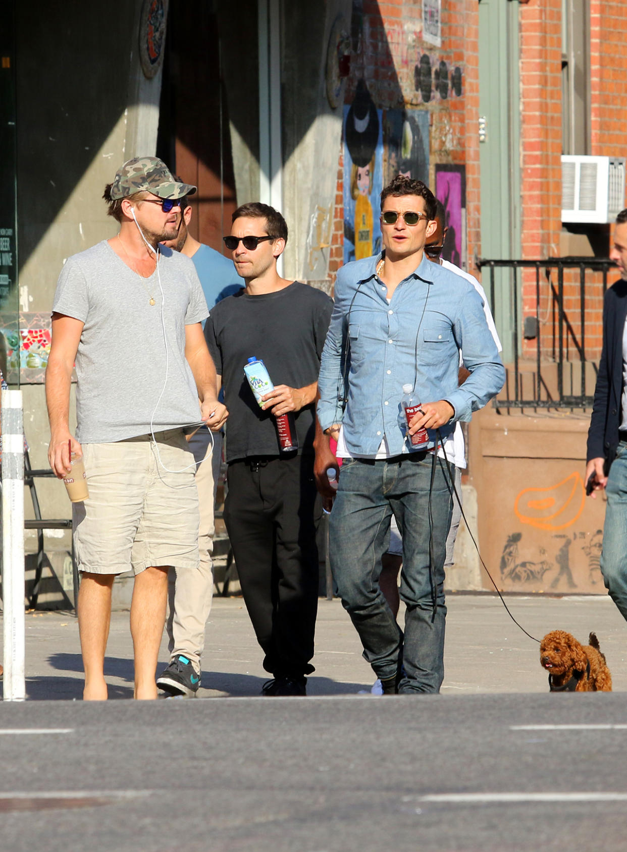 Leonardo DiCaprio, Tobey Maguire and Orlando Bloom meet up and hang out as they went for a long walk with friends after having a late afternoon lunch and stopping for ice cream in Manhattan's East Village Neighborhood. 14 Jun 2017 Pictured: Leonardo DiCaprio, Tobey Maguire and Orlando Bloom. Photo credit: LRNYC / MEGA TheMegaAgency.com +1 888 505 6342 (Mega Agency TagID: MEGA42466_002.jpg) [Photo via Mega Agency]