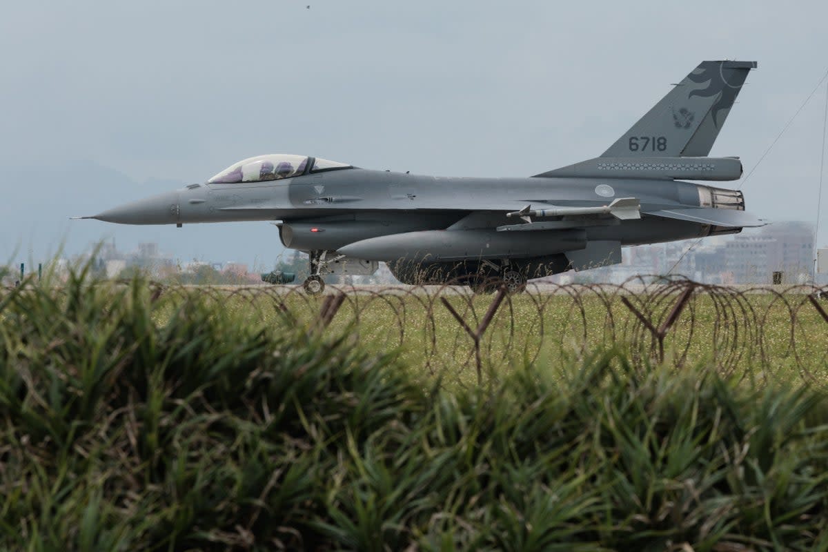 A Taiwanese Air Force F-16 fighter jet taxis after landing at an air force base in Hualien in eastern Taiwan  (AFP via Getty Images)