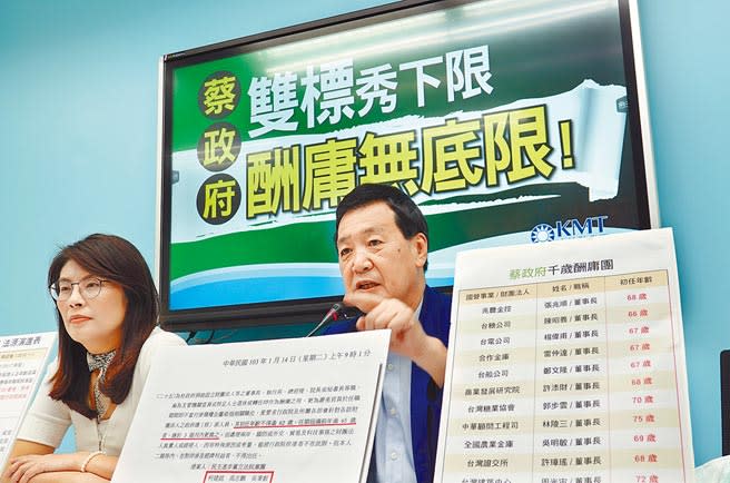 國民黨立法院黨團總召費鴻泰（右）、書記長鄭麗文（左）昨舉行「蔡政府雙標秀下限，酬庸無底線」記者會，列出千歲酬庸團，痛批民進黨執政國營事業養肥貓。（姚志平攝）