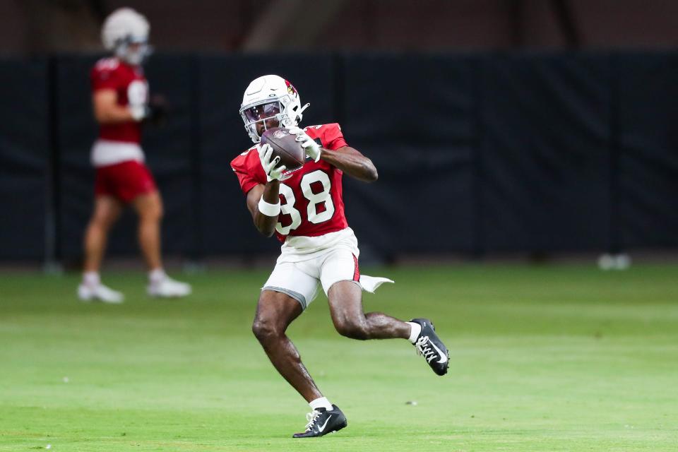 Arizona Cardinals wide receiver Victor Bolden (38) catches a ball during Arizona Cardinals practice at State Farm Stadium on Friday, July 29, 2022, in Glendale.