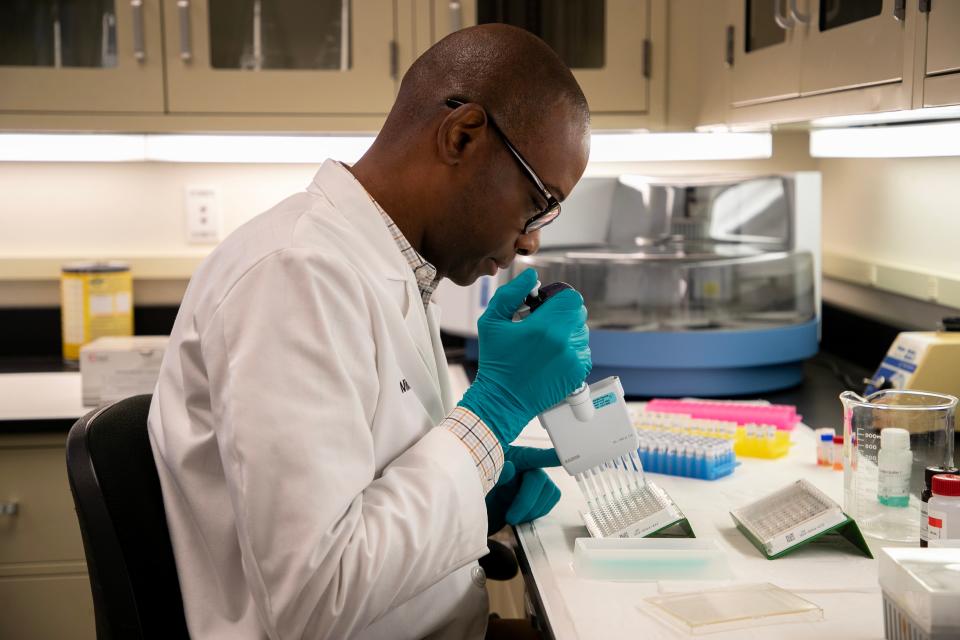 Milton Sterling prepares samples to test for viruses spread by mosquitos on Wednesday, June 7, 2023, at Lee County Mosquito Control. Lee County Mosquito Control collects samples from 17 sentinel chicken sites throughout the county to assess local mosquito transmission of West Nile virus, St. Louis Encephalitis, and Eastern Equine Encephalitis in birds.