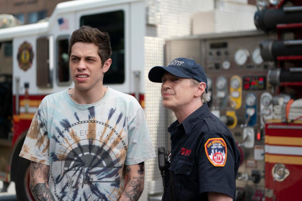 Scott Carlin (Pete Davidson, left) visits firefighters like Papa (Steve Buscemi) who remember his late father in "The King of Staten Island."