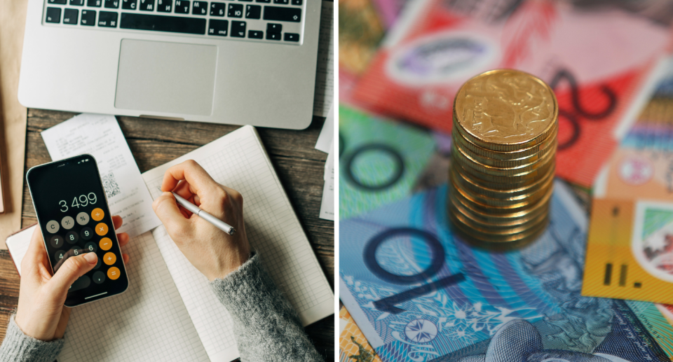 Person using a calculator and writing down on paper next to Australian money