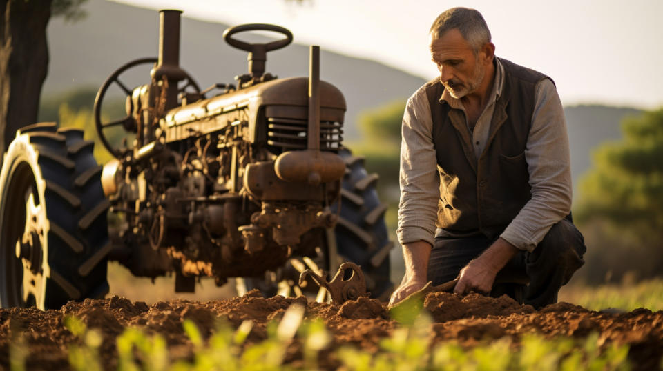 A farmer in traditional attire examining a newly installed agricultural machinery.