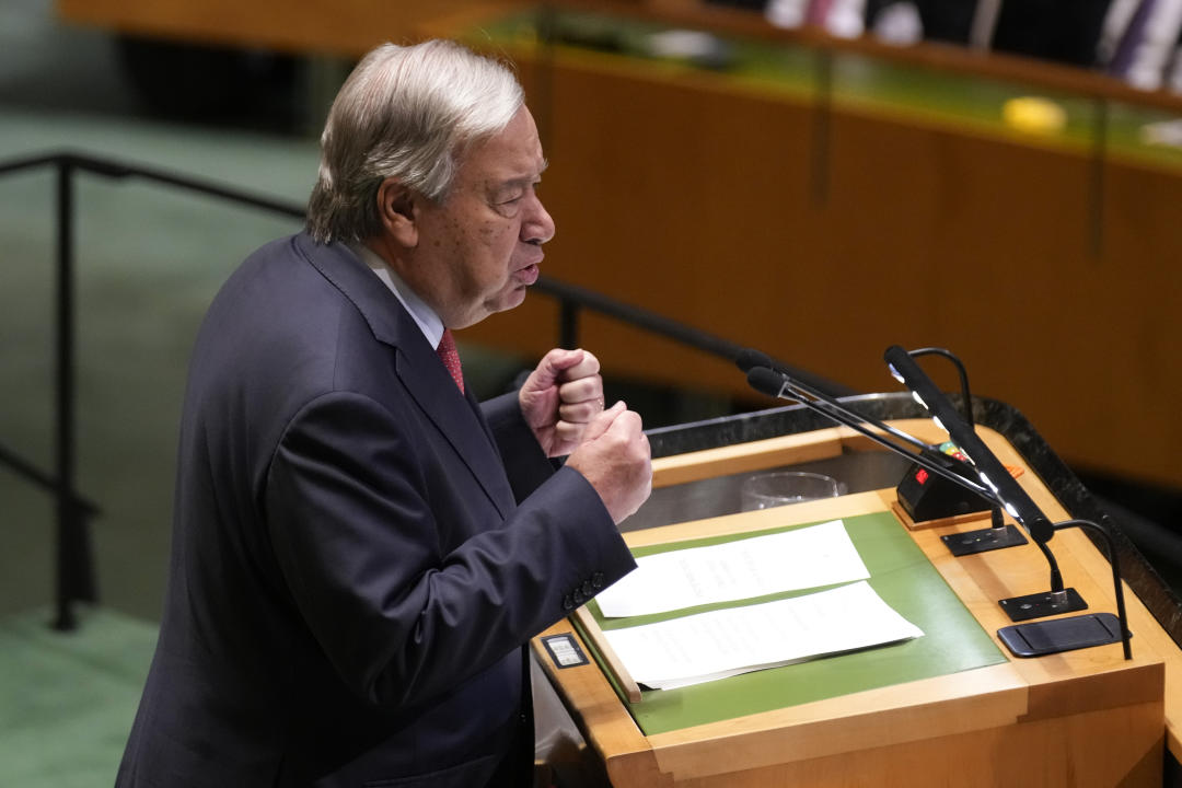 United Nations Secretary-General António Guterres addresses the 79th session of the United Nations General Assembly at United Nations headquarters, Tuesday, Sept. 24, 2024. (AP Photo/Seth Wenig)