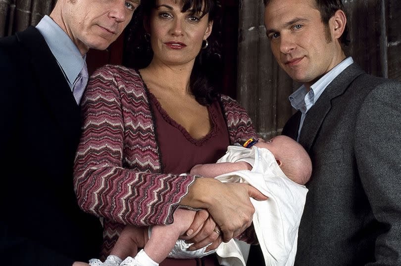 Cutting It cast:  Ben Daniels [Finn Bevan] , Sarah Parish [Allie Henshall] , Jason Merrells (Gavin) with baby Ralfie